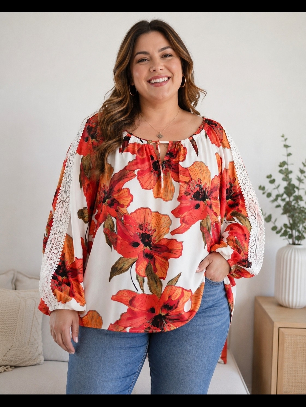Hope & Harlow Floral Blouse White Red Orange Lace Sleeve Boho